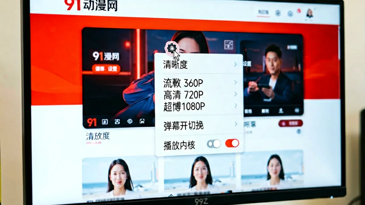 电脑显示器上显示91动漫播放器设置面板特写，清晰可见清晰度选择菜单、弹幕开关按钮和播放内核切换选项，鼠标指针正指向清晰度调节区域